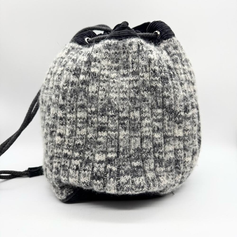 Y2K Artsy Boho Hippie Knit Wool‎ Drawstring Backpack Bag Grey/Black - Medium